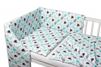 Baby Nellys 3-dílná sada, mantinel s povlečením Dinosauři - bílá, 135x100 cm ; 135x100