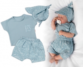 Triko kr. rukáv,  kraťasky + šátek, mušelín, Dino, Baby Nellys, mátové, vel. 80; 80 (9-12m)