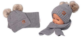Zimní čepice s kožešinovými bambulemi + šál Baby Nellys Star - šedá, 6/24 měsíců ; 80-92 (12-24m)