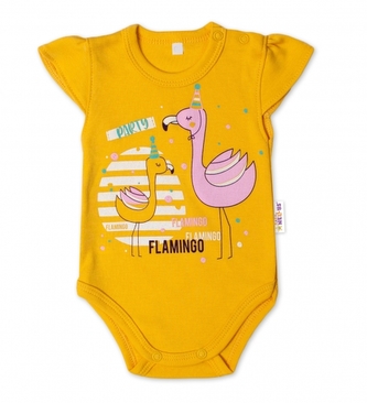 Baby Nellys Bavlněné kojenecké body, kr. rukáv, Flamingo - hořčicové, vel. 74; 74 (6-9m)