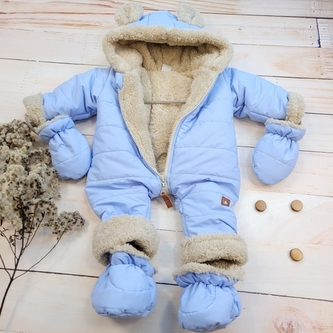 Zimní prošívaná kombinéza s kožíškem a kapucí + rukavičky + botičky, Z&Z - modrá, vel. 62; 62 (2-3m)