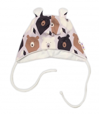 Baby Nellys Kojenecká čepička s oušky na zavazování - Medvědi, hnědá, vel. 68/74; 68/74 (6-9m)
