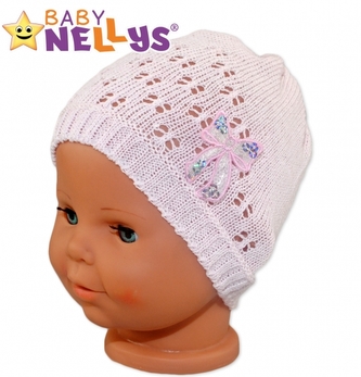Háčkovaná čepička Mašle Baby Nellys ® - s flitry - sv. růžová; 56/62 (0-3m)