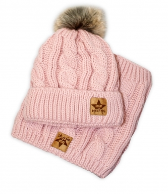BABY NELLYS Zimní pletená čepice s bambulí + komínek, starorůžová; 92/98 (18-36m)