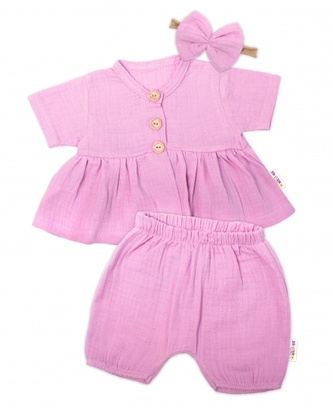 Baby Nellys 3-dílná mušelínová soupravička, tunika/halenka, kraťasky, čelenka, růžová; 56 (1-2m)