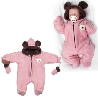 Oteplená pletená kombinéza s rukavičkama Teddy Bear, Baby Nellys, dvouvrstvá, růžová; 56 (1-2m)