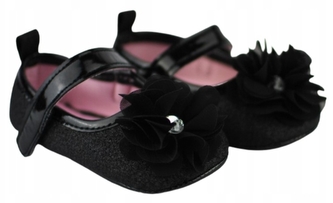 Kojenecké capáčky/botičky s kytičkou, brokát/černé, Baby Nellys; 56-68 (0-6 m)