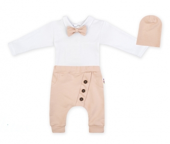 Baby Nellys 3-dílná sada Hubert, body s motýlkem, tepláčky a čepička - béžový, vel. 98; 98 (2-3r)