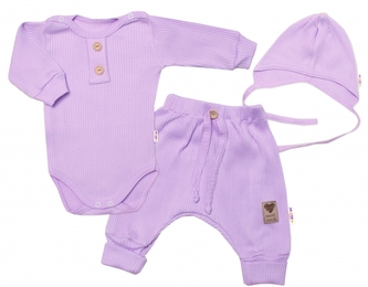 Baby Nellys 3-dílná žebrovaná soupr. Hand Made, body, tepláčky a čepička, lila,vel.62; 62 (2-3m)