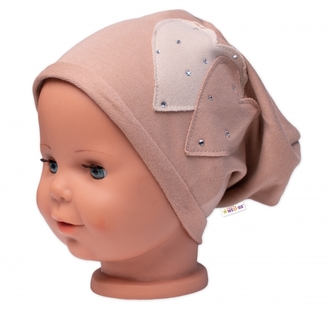 Dětská čepice bavlna, Srdíčka s kamínky, Baby Nellys, cappuccino, vel. 92/98; 92/98 (18-36m)