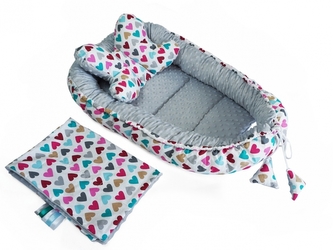 Sada komplet - oboustranné hnízdečko, kokon minky 60x90cm - srdíčka, minky šedá