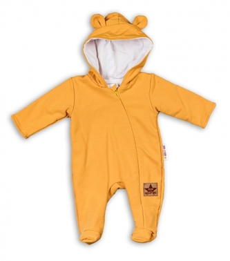 Baby Nellys Kojenecký teplákový overal s kapucí Teddy - hořčicový, vel. 86; 86 (12-18m)