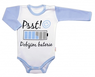 Body dlouhý rukáv s vtipným textem Baby Nellys, Psst! Dobíjím baterie, kluk, vel. 80; 80 (9-12m)