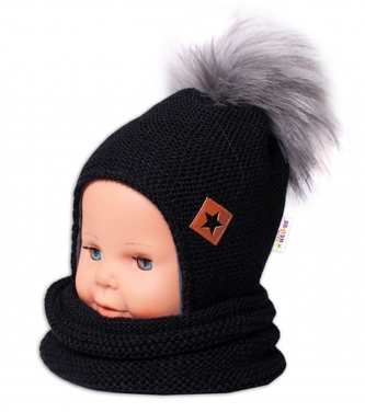 Zimní čepice s fleecem a chlupáčková bambule Star + komínek - černá, 104/116, BABY NELLYS; 104-116 (4-6r)