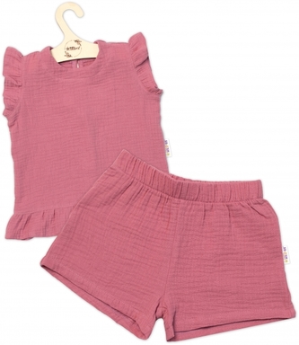 Tunika kr. rukáv + kraťásky Baby Nellys, mušelín, 2D sada, pudrová, vel. 98