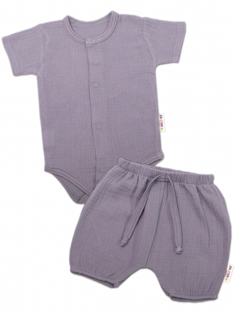 Baby Nellys 2-dílná mušelínová soupravička, body kr.rukáv + kraťasky BOY, šedá; 56 (1-2m)