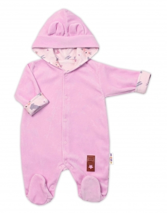 Semiškový, velurový overal s kapucí Baby Nellys Bunny II., růžový, vel. 86; 86 (12-18m)