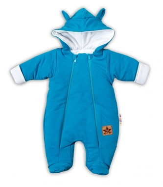 Baby Nellys Kombinézka s dvojitým zapínáním, s kapucí a oušky TEDDY - tyrkysová/petrolej; 56 (1-2m)