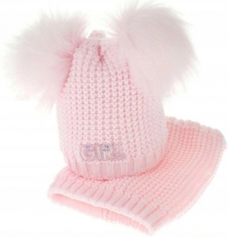BABY NELLYS Zimní čepička s komínkem - chlupáčkové bambulky - sv. růžová; 80-92 (12-24m)