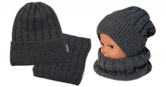 Dětská zimní nadčasová čepice + komínek , tm. šedá, BABY NELLYS; 98-104 (2-4r)