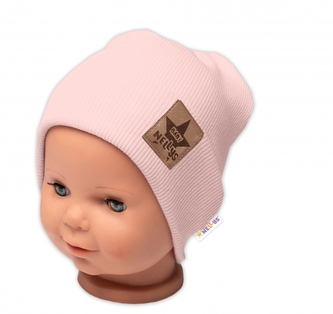 Žebrovaná dvouvrstvá čepice s lemem - pudrová, Baby Nellys; 68/74 (6-9m)