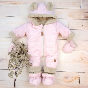 Zimní prošívaná kombinéza s kožíškem a kapucí + rukavičky + botičky, Z&Z - růžová; 56 (1-2m)