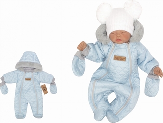 Zimní prošívaná kombinéza s kožešinou a kapucí + rukavičky Z&Z - modrá, vel. 68; 68 (3-6m)