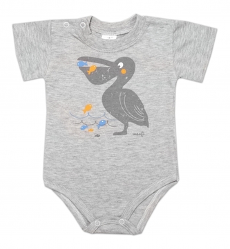 Body kr. rukáv, bavlna, zapínání u krku Mrofi, Pelikán - šedé; 68 (3-6m)