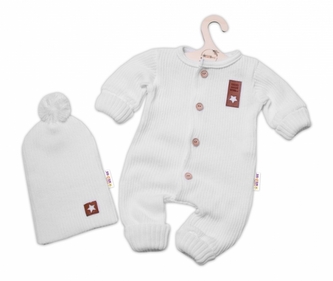 Baby Nellys 2-dílná sada Pletený overálek STAR + čepice Hand Made, bílý; 56/62 (0-3m)