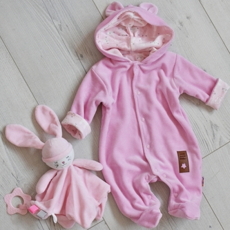 Semiškový, velurový overal s kapucí Baby Nellys New Bunny, růžový, vel. 86; 86 (12-18m)