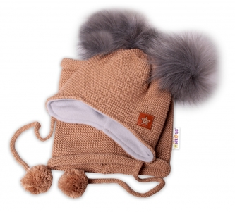 Zimní čepice s fleecem a chlupáčkové bambulky Star + komínek - medová,104/116; 104-116 (4-6r)