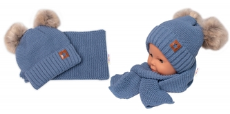 Zimní čepice s kožešinovými bambulemi + šál Baby Nellys Star - modrá, 6/24 měsíců; 80-92 (12-24m)