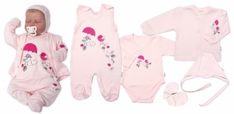 Soupravička do porodnice 5-ti dílná, Ptáčci Baby Nellys, růžová, vel. 62; 62 (2-3m)