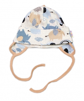 Baby Nellys Bavlněná čepička na zavazování, Sloníci, béžová/modrá, vel. 62/68; 62/68 (3-6m)