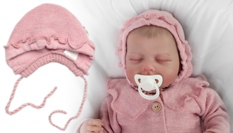 Pletená čepička na zavazování bonetka Girl, Hand Made Baby Nellys, pudrová, růžová; 56/62 (0-3m)