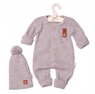 Baby Nellys 2-dílná sada Pletený overálek STAR + čepice Hand Made, béžový, vel. 68/74; 68/74 (6-9m)