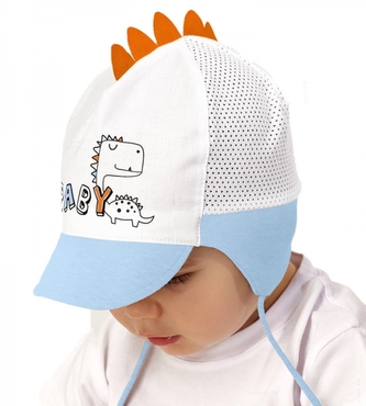 Letní čepička s kšiltem na zavazování Baby Nellys, Dino Baby, modrá/tyrkysová, vel. 56/62