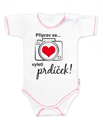 Body krátký rukáv s vtipným textem Baby Nellys, Připrav se....vyletí prdíček, vel. 74; 74 (6-9m)