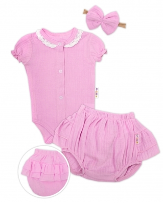 Baby Nellys 3-dílná mušelínová soupravička, body, kraťasky + čelenka GIRL, růžová, vel. 62; 62 (2-3m)