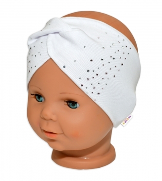 Baby Nellys Hand Made Bavlněná čelenka - dvouvrstvá, bílá s kamínky, 104/116