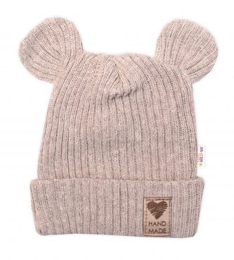 Pletená bavlněná čepice s oušky, dvouvrstvá, Hand Made Baby Nellys, béžová, vel. 80/86; 80/86 (12-18m)
