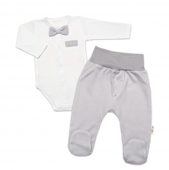 Mrofi 2-dílná sada body dl. rukáv s motýlkem+polodupačky Nice Boy, bílá/šedá, vel. 56