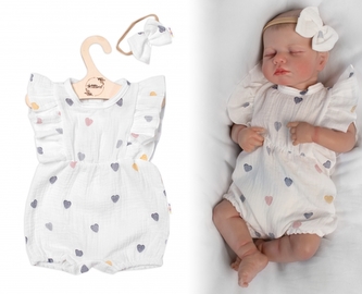 Body s nohavičkami a volánky + čelenka, mušelín, Srdíčko, Baby Nellys, smetanové, vel. 68