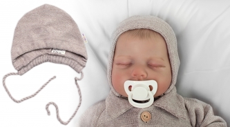 Pletená čepička na zavazování bonetka Boy, Hand Made Baby Nellys, béžová; 56/62 (0-3m)