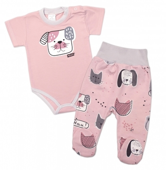 Body kr. rukáv zap. u krku +polodupačky Pejsek a Kočička Mrofi, růžová/šedá, vel. 74; 74 (6-9m)