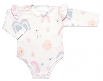 Body dl. rukáv s volánkem, bavlna, zapínání u krku Mrofi, Rainbow - bílé, vel. 80; 80 (9-12m)