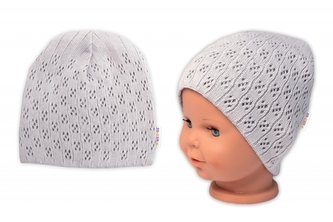 Ažurková čepice, dvouvrstvá, bavlna, Baby Nellys - šedá; 68-80 (6-12m)
