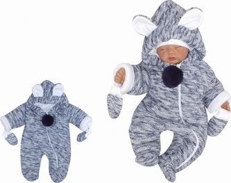 Z&Z Oteplená pletená kombinéza s kapucí a oušky + rukavičky - granát, vel. 68; 68 (3-6m)