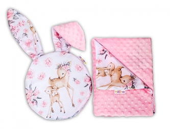 Baby Nellys 2-dílná sada do kočárku s minky s oušky - Srnka a růže, růžová