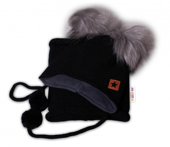 Zimní čepice s fleecem a chlupáčkové bambulky Star + komínek - černá, BABY NELLYS; 68-86 (6-18m)